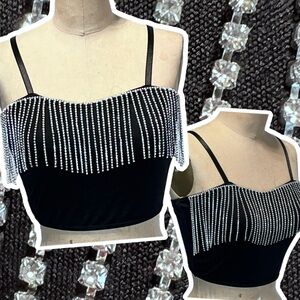 Rhinestone party top “diamond” waterfall fringe cropped  spaghetti strap evening